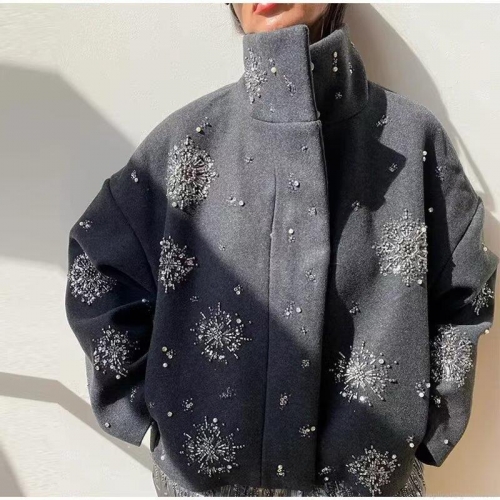 Women Vintage Sequin Snowflake Embroidery Jacket Wool Blend Stand Collar Loose Outerwear Single Breasted Short Coat For Christmas Party Streetwear