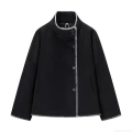 Women's Short Woolen Coat Contrast Stitching Stand Collar Single Breasted Loose Fit Jacket British Style Autumn Winter Outerwear for Women Commuter Casual Fashion Cardigan Top