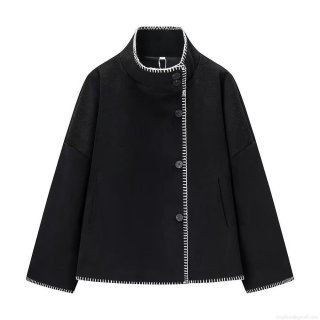 Women's Short Woolen Coat Contrast Stitching Stand Collar Single Breasted Loose Fit Jacket British Style Autumn Winter Outerwear for Women Commuter Casual Fashion Cardigan Top