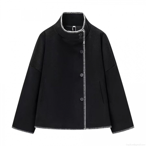 Women's Short Woolen Coat Contrast Stitching Stand Collar Single Breasted Loose Fit Jacket British Style Autumn Winter Outerwear for Women Commuter Casual Fashion Cardigan Top