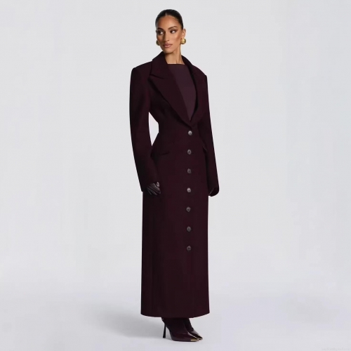 Women's British Style Long Woolen Overcoat Slim Fit Single Breasted Notch Lapel Warm Outerwear Coat With Belt For Women Autumn Winter