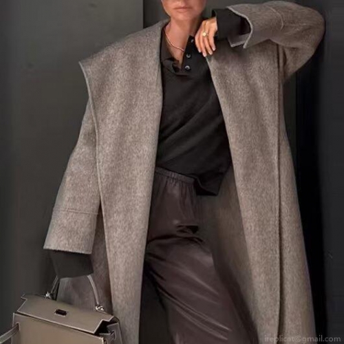 Women's Long Woolen Coat Elegant British Style Large Lapel Belted Overcoat Polyester Blend Autumn Winter Warm Outerwear For Women Solid Color