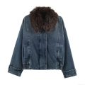 Women Vintage Denim Bomber Jacket With Faux Fur Collar Warm Thick Faded Winter Streetwear Coat Cotton Polyester Outwear
