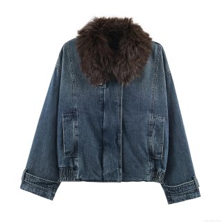 Women Vintage Denim Bomber Jacket With Faux Fur Collar Warm Thick Faded Winter Streetwear Coat Cotton Polyester Outwear
