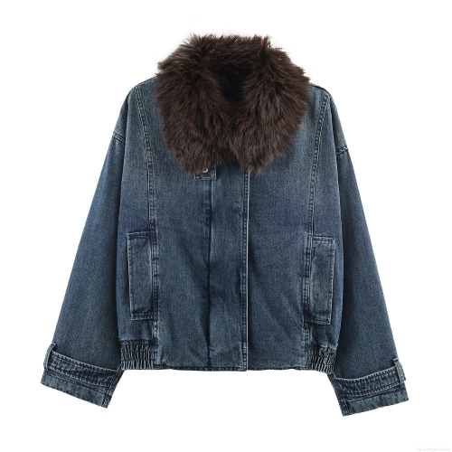 Women Vintage Denim Bomber Jacket With Faux Fur Collar Warm Thick Faded Winter Streetwear Coat Cotton Polyester Outwear