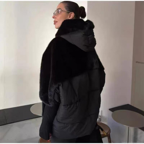 Women's Casual Faux Fur Patchwork Hooded Jacket Winter Warm Polyester Knit Ribbed Cuffs Loose Coat Outwear With Pockets