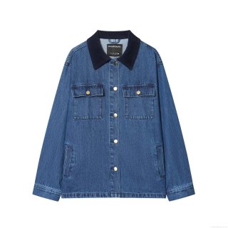 Women's Vintage Denim Jacket With Corduroy Collar American Style Loose Fit Single Breasted Long Sleeve Royal Blue Casual Outerwear Coat For Autumn Winter