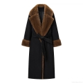 Elegant Women's Long Coat With Faux Fur Collar And Cuffs Patchwork Polyester Belted Wrap Overcoat For Winter Autumn Daily Dating Women Clothing