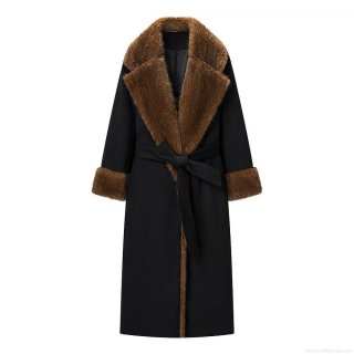 Elegant Women's Long Coat With Faux Fur Collar And Cuffs Patchwork Polyester Belted Wrap Overcoat For Winter Autumn Daily Dating Women Clothing