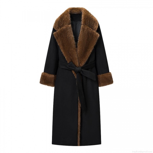 Elegant Women's Long Coat With Faux Fur Collar And Cuffs Patchwork Polyester Belted Wrap Overcoat For Winter Autumn Daily Dating Women Clothing