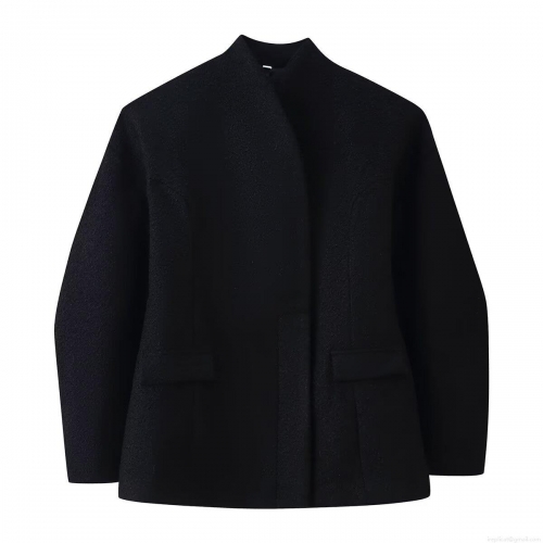 Women's Solid Woolen Look Coat Elegant Asymmetrical Placket Waist Tightening Jacket Stand Collar Long Sleeve Outerwear With Flap Pockets For Autumn Winter Casual Daily Fashion