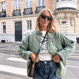 Women's Vintage Quilted Jacket Loose Stand Collar Diamond Lattice Cotton Padded Coat Casual Warm Outerwear For Autumn Winter Ladies