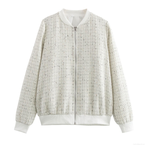Women's Tweed Small Fragrance Style Jacket With Sequin Rib Knit Trim Long Sleeve Zipper Casual Short Coat For Autumn Winter White Loose Fit Outerwear