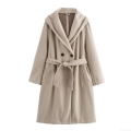 Women's Hooded Polyester Woolen-Like Coat With Belt Long Sleeve Double Breasted Elegant Outerwear Autumn Winter Warm Solid Color Loose Overcoat Casual