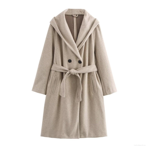 Women's Hooded Polyester Woolen-Like Coat With Belt Long Sleeve Double Breasted Elegant Outerwear Autumn Winter Warm Solid Color Loose Overcoat Casual