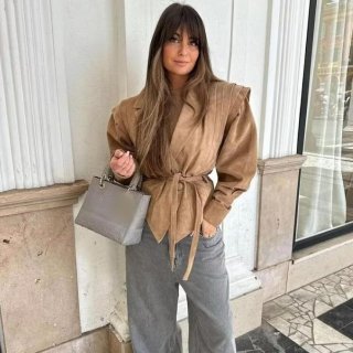 Women's Faux Suede Moto Jacket With Printed Lining Pleated Shoulder Belted Waist Short Outwear Casual Streetwear Coat For Autumn Winter Ladies