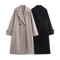 Women's Double Breasted Woolen Blend Coat Long Sleeve Lapel Elegant Hepburn Style Loose Fit Winter Warm Long Overcoat Jacket for Ladies