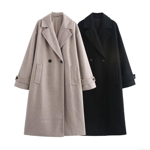 Women's Double Breasted Woolen Blend Coat Long Sleeve Lapel Elegant Hepburn Style Loose Fit Winter Warm Long Overcoat Jacket for Ladies
