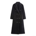 Women's Autumn Winter Black Double Breasted Long Trench Coat Oversized Raw Edge Detail Blazer Jacket With Gold Buttons Streetwear Style Outerwear