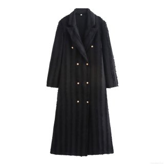 Women's Autumn Winter Black Double Breasted Long Trench Coat Oversized Raw Edge Detail Blazer Jacket With Gold Buttons Streetwear Style Outerwear