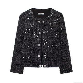 Women's Elegant Black Sequin Tweed Jacket Round Neck Long Sleeve Short Coat Luxury Celebrity Style Outerwear With Flower Rhinestone Buttons