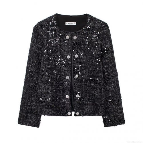 Women's Elegant Black Sequin Tweed Jacket Round Neck Long Sleeve Short Coat Luxury Celebrity Style Outerwear With Flower Rhinestone Buttons