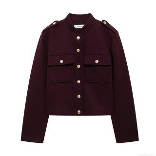 Women's Short Woolen Jacket British Style Stand Collar Military Coat With Metal Buttons Deep Red Autumn Winter Outerwear For Women