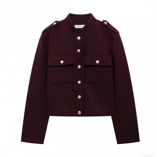 Women's Short Woolen Jacket British Style Stand Collar Military Coat With Metal Buttons Deep Red Autumn Winter Outerwear For Women