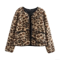 Women's Leopard Print Faux Sherpa Fleece Jacket American Retro Loose Fit Bow Tie Closure Outerwear Casual Warm Fall Long Sleeve Coat for Ladies