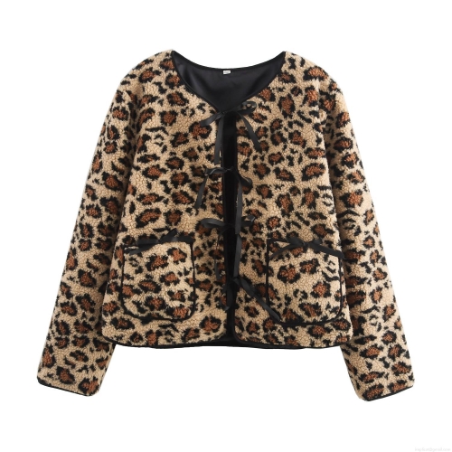 Women's Leopard Print Faux Sherpa Fleece Jacket American Retro Loose Fit Bow Tie Closure Outerwear Casual Warm Fall Long Sleeve Coat for Ladies