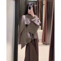 Women's Retro Elegant Scarf Collar Knit Poncho Coat Loose Solid Color Autumn Winter Long Sleeve Cardigan Outwear One Button Wrap Jacket