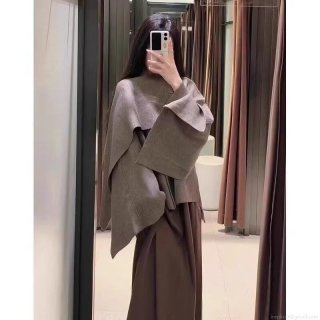 Women's Retro Elegant Scarf Collar Knit Poncho Coat Loose Solid Color Autumn Winter Long Sleeve Cardigan Outwear One Button Wrap Jacket