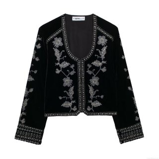 Vintage Black Velvet Jacket With Silver Floral Embroidery And Beaded Trim Elegant Short Cardigan Outerwear For Autumn Winter Women Party Wear