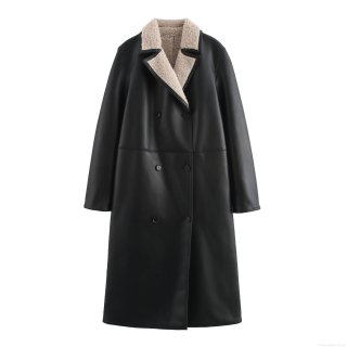 Women's British Style Long Faux Leather Coat With Faux Lamb Wool Lapel Double Sided Warm Winter Shearling Jacket Belted Overcoat Outwear