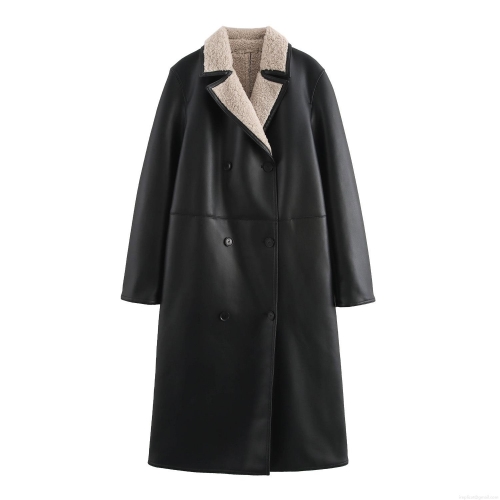 Women's British Style Long Faux Leather Coat With Faux Lamb Wool Lapel Double Sided Warm Winter Shearling Jacket Belted Overcoat Outwear