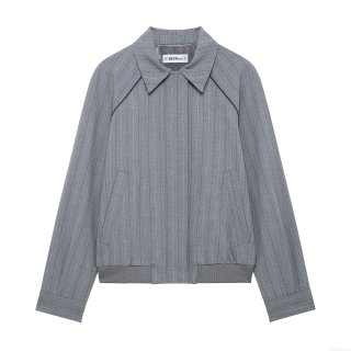 Women's Striped Bomber Jacket Polyester Loose Fit Zipper Up Coat Preppy Style Grey Blue Stripe Ribbed Trim Casual Fashion Outerwear