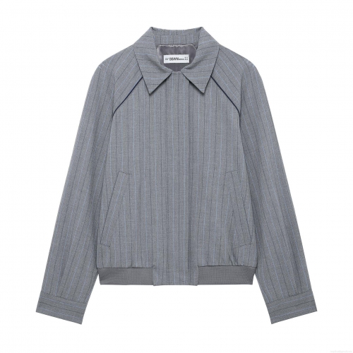 Women's Striped Bomber Jacket Polyester Loose Fit Zipper Up Coat Preppy Style Grey Blue Stripe Ribbed Trim Casual Fashion Outerwear