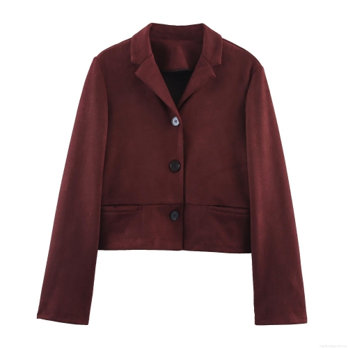 Women's Vintage Faux Suede Short Jacket Loose Fit Lapel Long Sleeve Single Breasted Casual Outerwear Wine Red Button Down Autumn Winter Coat For Women