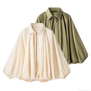 Women's Loose Satin Jacket Zippered Batwing Sleeve Cape Coat Elegant Pleated Solid Color Lapel Neck Outerwear Streetwear Casual Fashion Clothing