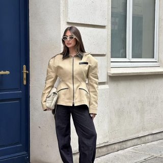 Women Chic Hourglass PU Leather Patchwork Jacket Padded Shoulder Cinched Waist Zipper Autumn Winter Streetwear Outerwear Coat