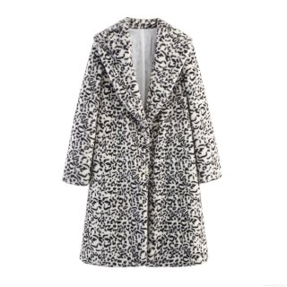 Women Leopard Print Faux Fur Coat British Style Lapel Collar Mid-Length Jacket Autumn Winter Thick Warm Long Sleeve Outwear Streetwear