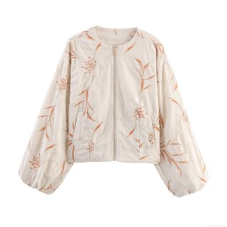 Women's Retro Floral Embroidered Jacket Metal Zipper Polyester Blend Short Outerwear Vintage Lantern Sleeve Autumn Winter Casual Streetwear Coat