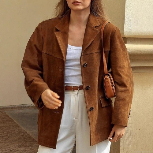 Women's Retro Faux Suede Jacket Loose Lapel Single Breasted Coat Windproof British Style Streetwear Outerwear For Autumn Winter