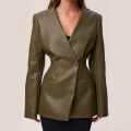 Women's Vintage Slim Fit PU Leather Jacket V-Neck Long Sleeve Faux Leather Blazer Outerwear With Buttons For Autumn Winter Office Lady Commuter