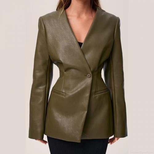 Women's Vintage Slim Fit PU Leather Jacket V-Neck Long Sleeve Faux Leather Blazer Outerwear With Buttons For Autumn Winter Office Lady Commuter
