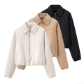 Women's Short Jacket Coat Polyester Zipper Up Lapel Collar Long Sleeve Outwear For Casual Streetwear Autumn Winter Loose Fit Bomber Style