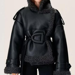 Women's Faux Leather Shearling Jacket With Belt Polyester Faux Wool Lined Lapel Long Sleeve Moto Style Warm Winter Outerwear Casual Coat For Women