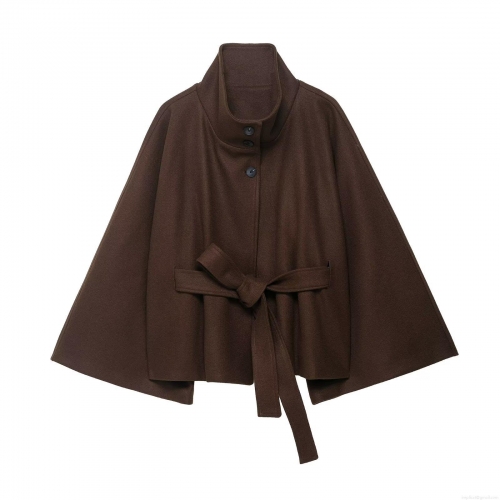 Women's British Style Cape Coat High Neck Woolen Blend Short Jacket With Belt Elegant Loose Outerwear For Autumn Winter
