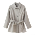 Women's Elegant Wool-Like Mid-Length Coat British Style Lapel Jacket With Waist Belt Single-Breasted Solid Color Polyester Blend Outerwear For Autumn Winter