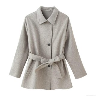 Women's Elegant Wool-Like Mid-Length Coat British Style Lapel Jacket With Waist Belt Single-Breasted Solid Color Polyester Blend Outerwear For Autumn Winter
